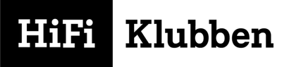 Black and white logo with 'HiFi' and 'Klubben' text on a black background