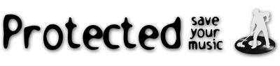 Logo with 'Protected save your music' text and a silhouette of a person playing music on a record.