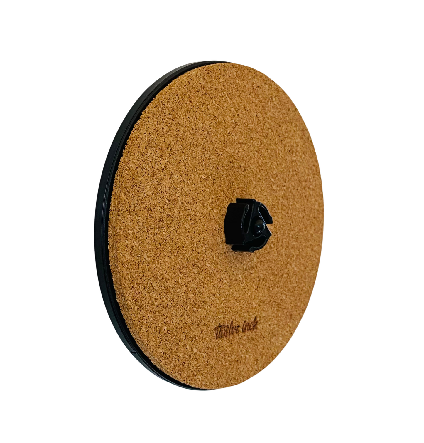 A brown bamboo record adapter disc with a black magnetic disc attached to it, designed to be mounted on a wall for displaying vinyl records.